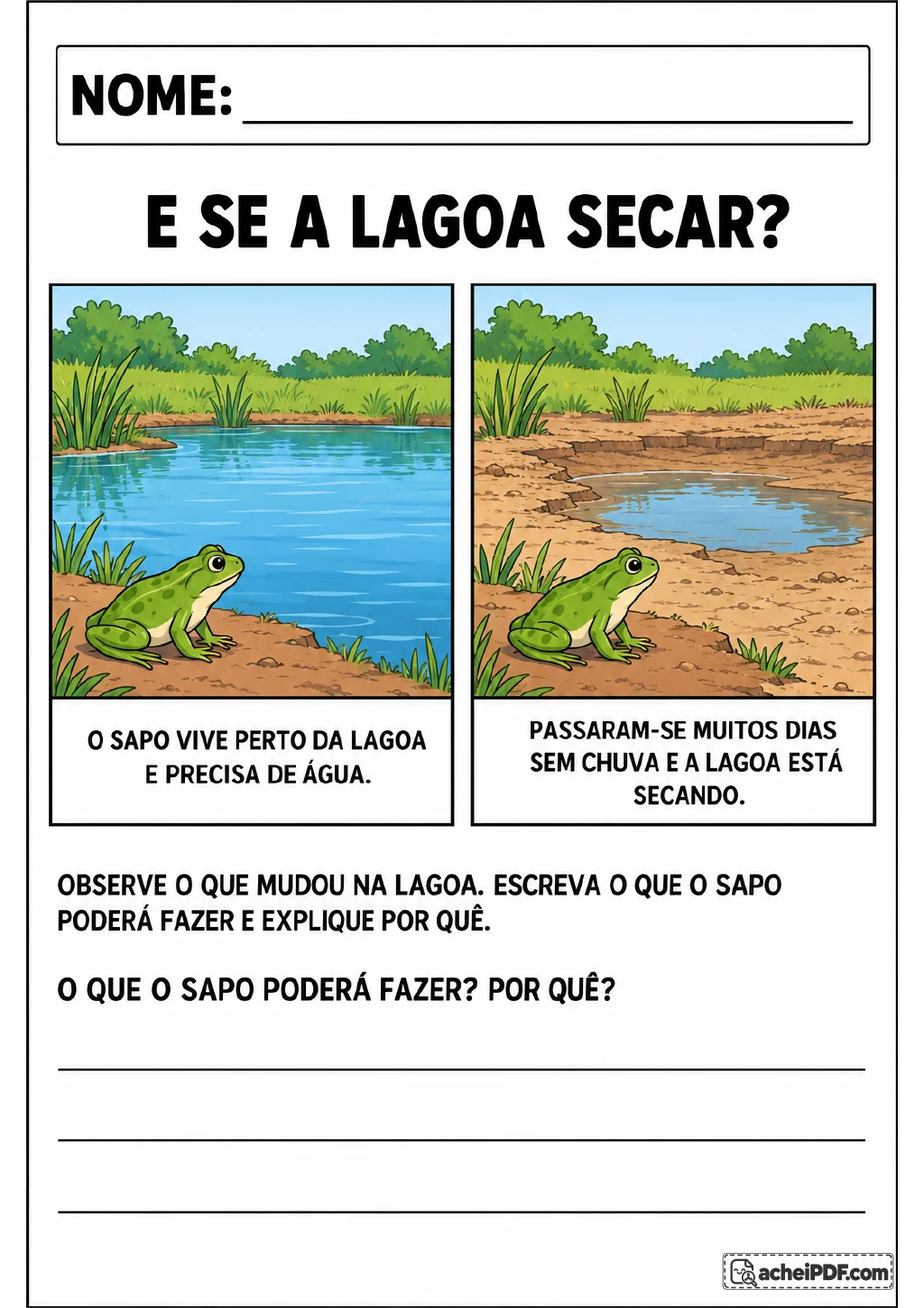 Lagoa cheia e lagoa secando com sapo para pensar nas consequências da falta de água no ambiente.