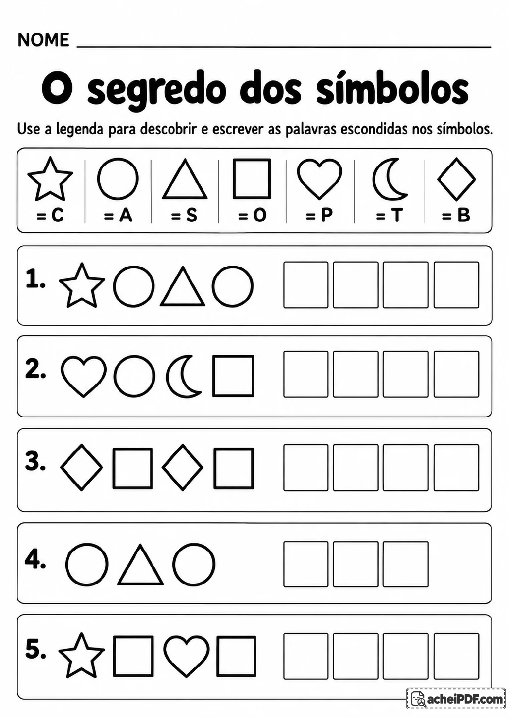 Legenda com estrela, círculo, triângulo, quadrado, coração, lua e losango associados a letras.
