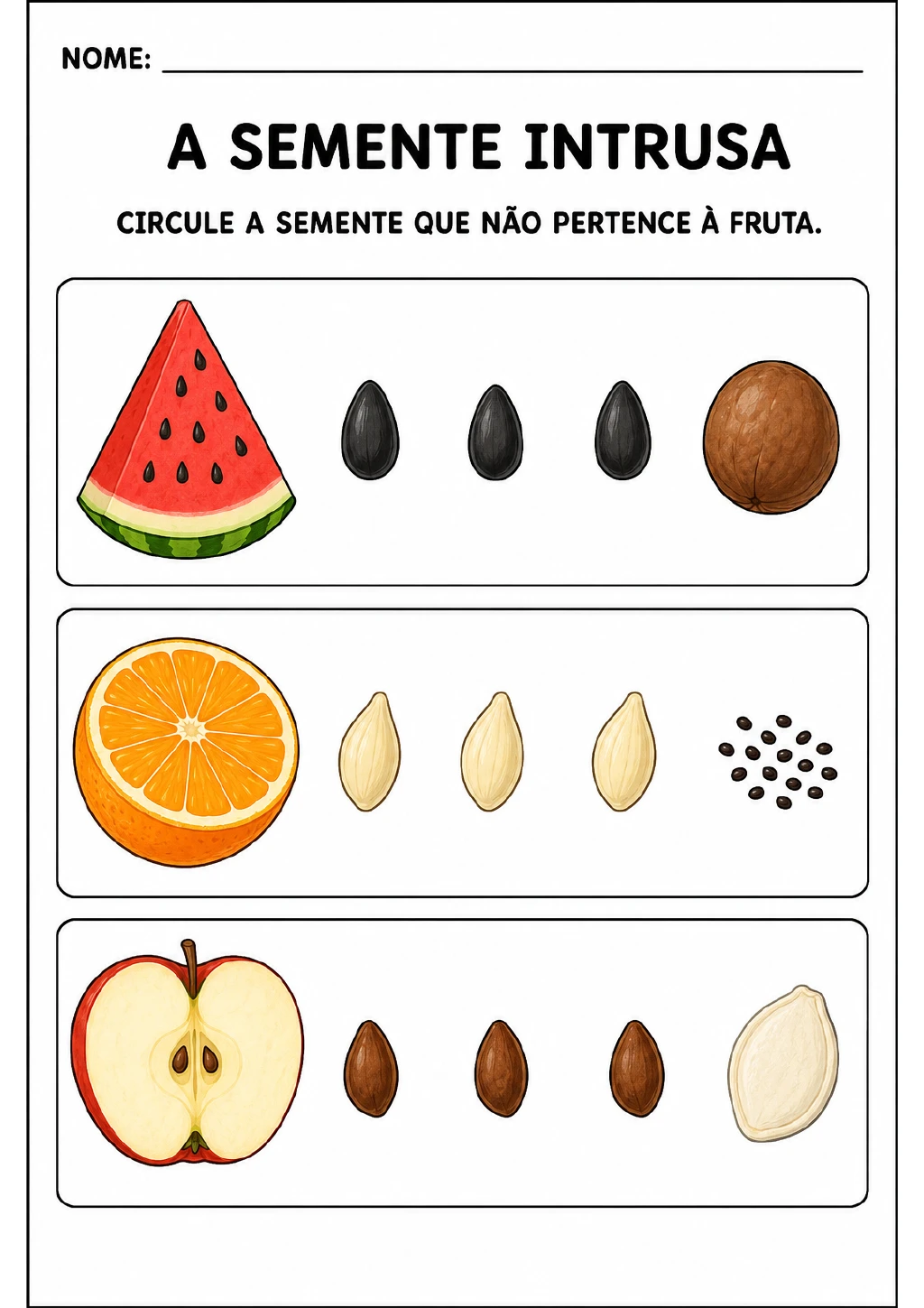 Três faixas com melancia, laranja e maçã cortadas, cada uma acompanhada de sementes; em cada faixa.