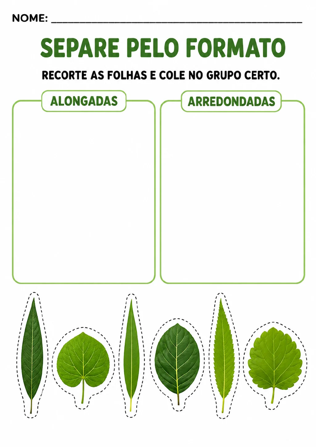 Seis folhas coloridas com contornos tracejados para recorte e dois campos identificados como folhas alongadas e arredondadas.