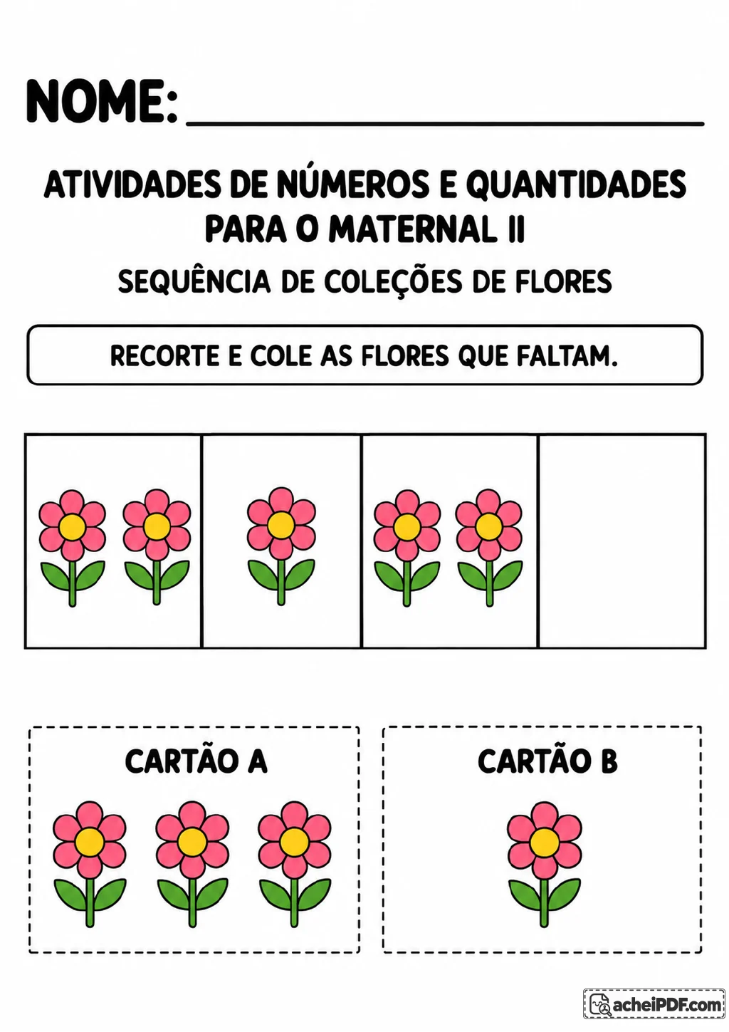 Sequência de quatro quadros com grupos de 2, 1 e 2 flores e um quadro vazio. Abaixo, o Cartão A mostra 3 flores.