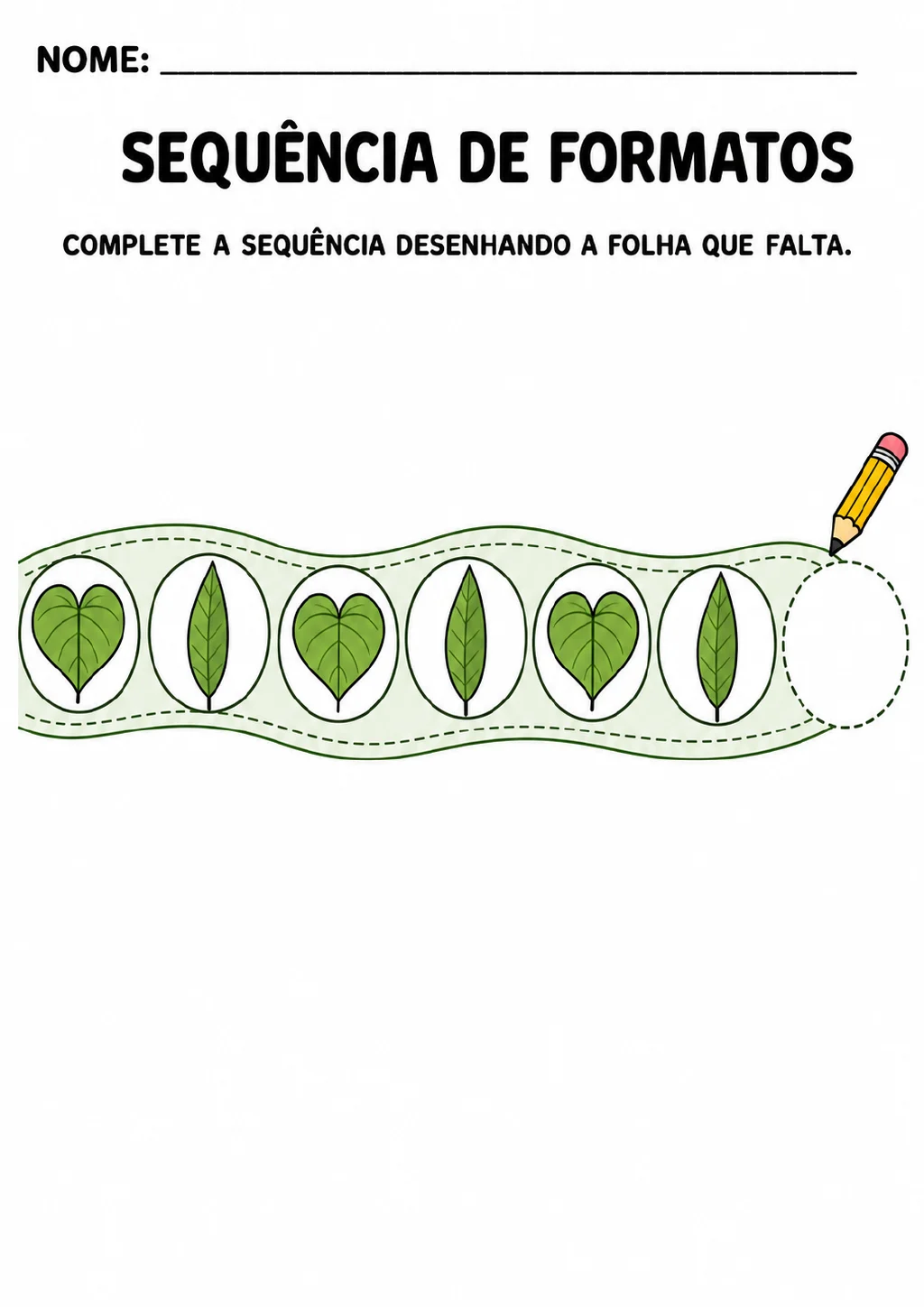 Sequência com seis folhas que alternam formatos de coração e estreitos, seguida de um espaço oval tracejado para desenhar a.