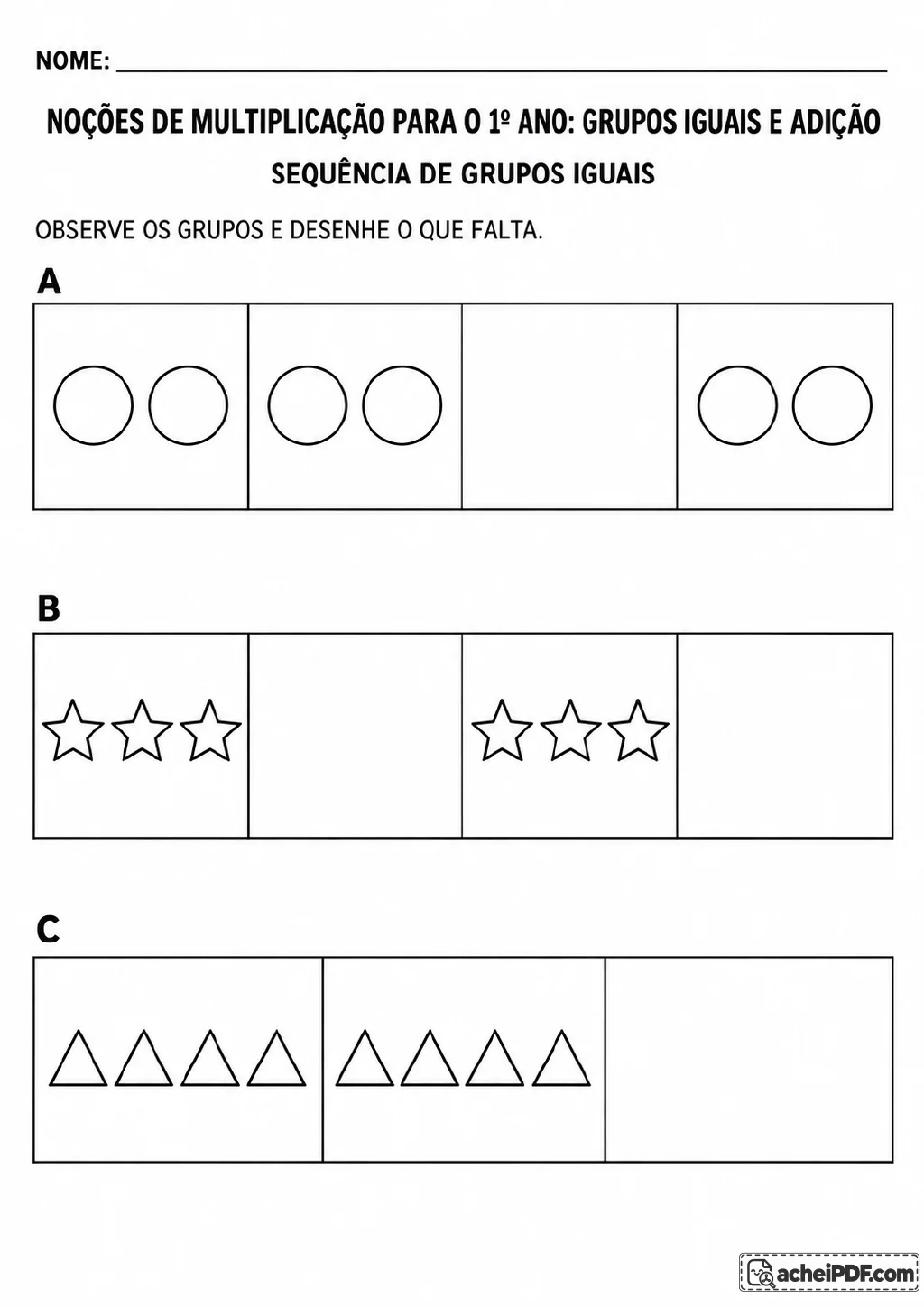 Três sequências em caixas, identificadas por A, B e C, mostram grupos repetidos de dois círculos.