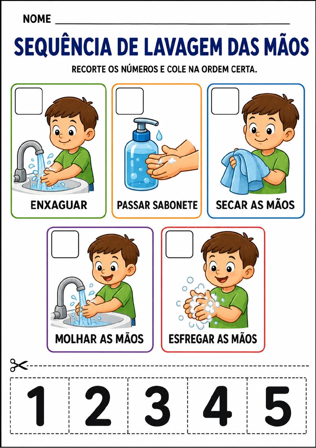Cinco cartões coloridos com cenas da lavagem das mãos e uma faixa inferior destacável.