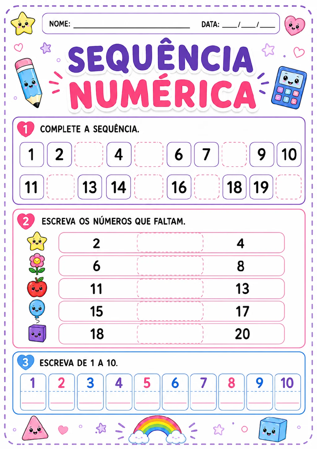 Sequência numérica de 1 a 20 com lacunas, cinco faixas de três números e campos para escrever os numerais de 1 a 10.