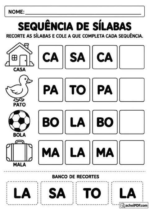Desenhos de casa, pato, bola e mala acompanham quatro sequências de sílabas com lacunas e um banco de cartões recortáveis.