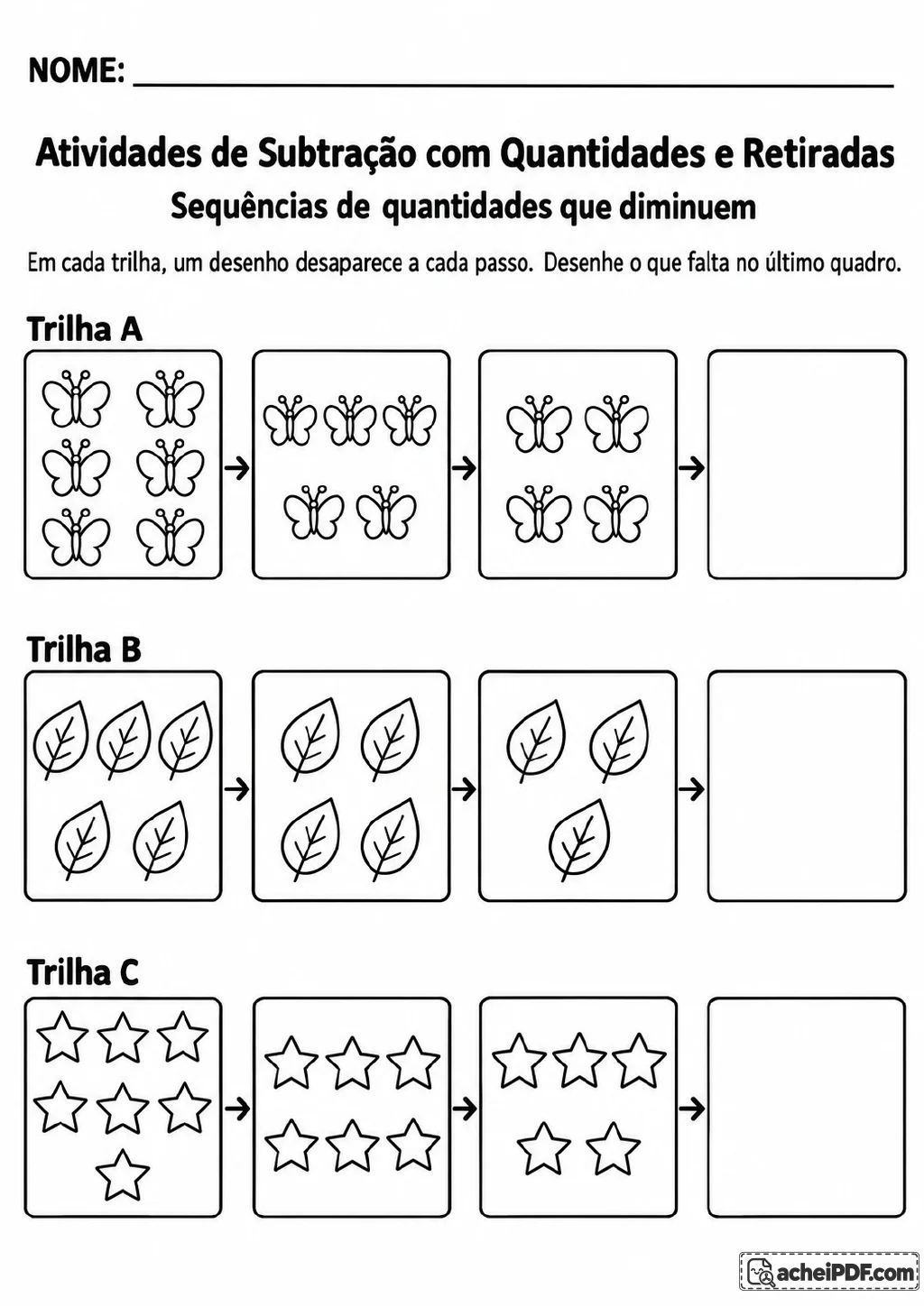 Três sequências com setas mostram borboletas, folhas e estrelas em quantidades decrescentes.