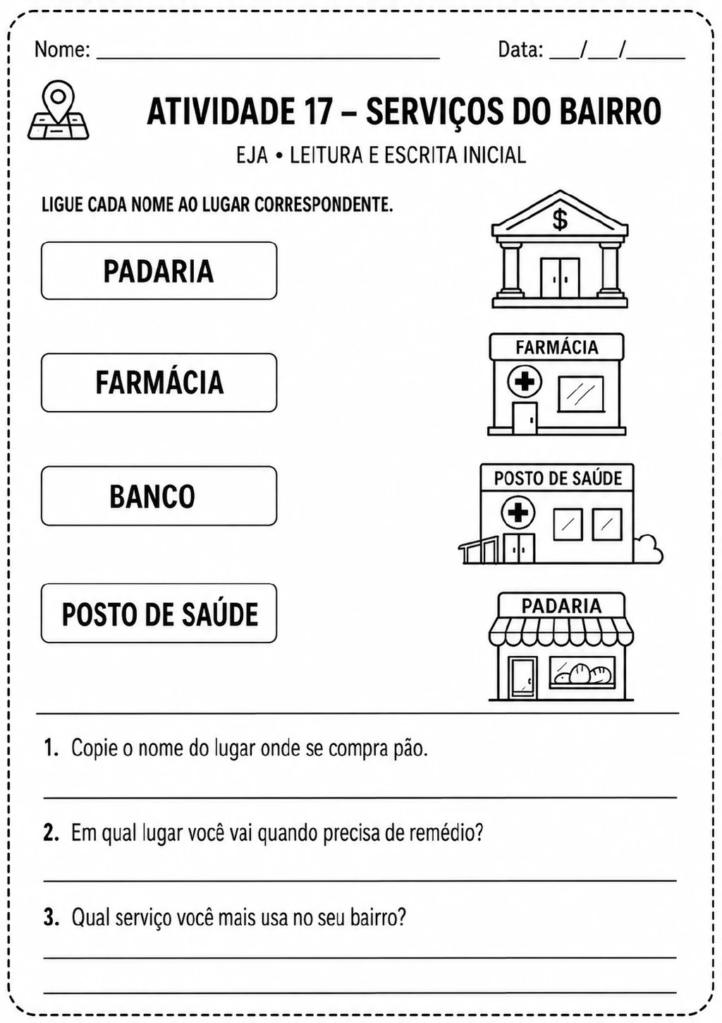Nomes de padaria, farmácia, banco e posto de saúde aparecem ao lado das ilustrações dos quatro estabelecimentos.