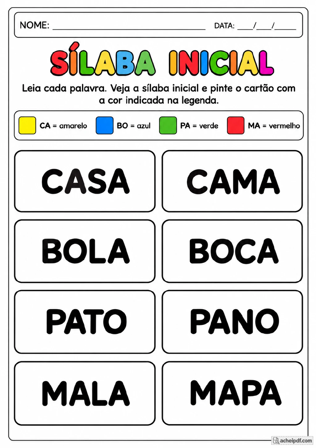 Legenda que associa CA ao amarelo, BO ao azul, PA ao verde e MA ao vermelho, seguida de cartões com palavras como casa.