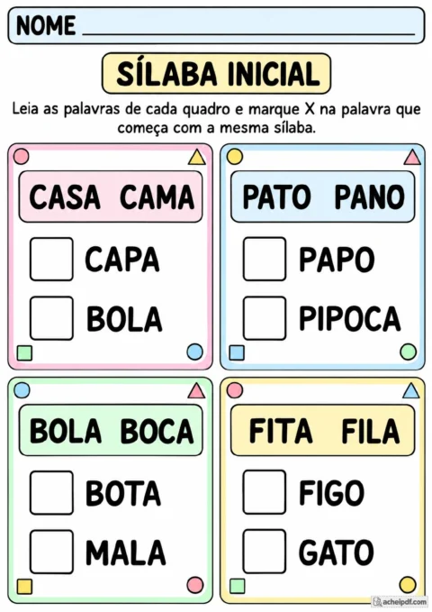 Quatro quadros com casa, pato, bola e fita como palavras-modelo, opções como cama, pano.