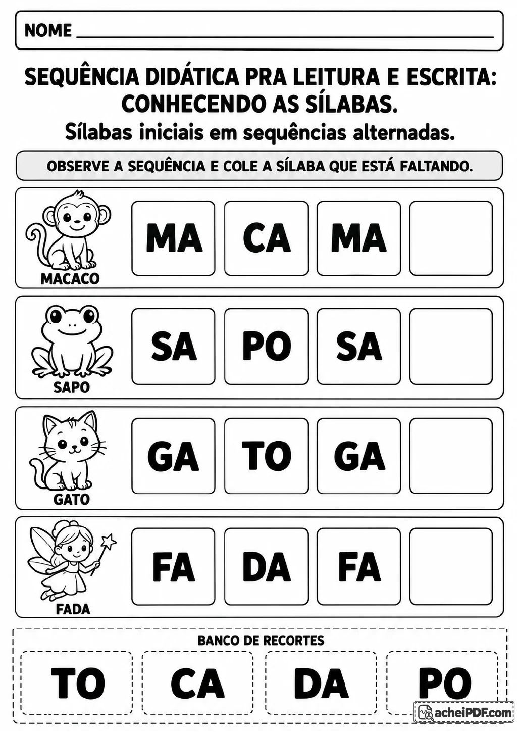 Ilustrações de macaco, sapo, gato e fada acompanham sequências silábicas com lacunas iniciais e cartões para recorte.
