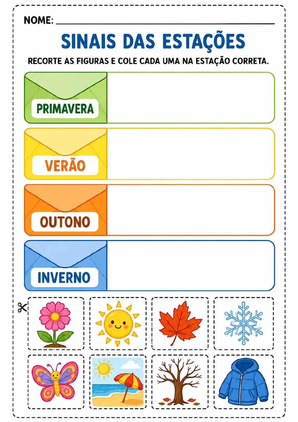 Quatro espaços identificados como primavera, verão, outono e inverno acima de oito cartões para recortar: flor, sol, folha.