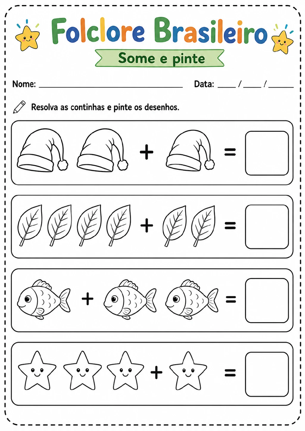 Quatro adições ilustradas com gorros, folhas, peixes e estrelas, cada uma com um quadro para registrar o resultado.