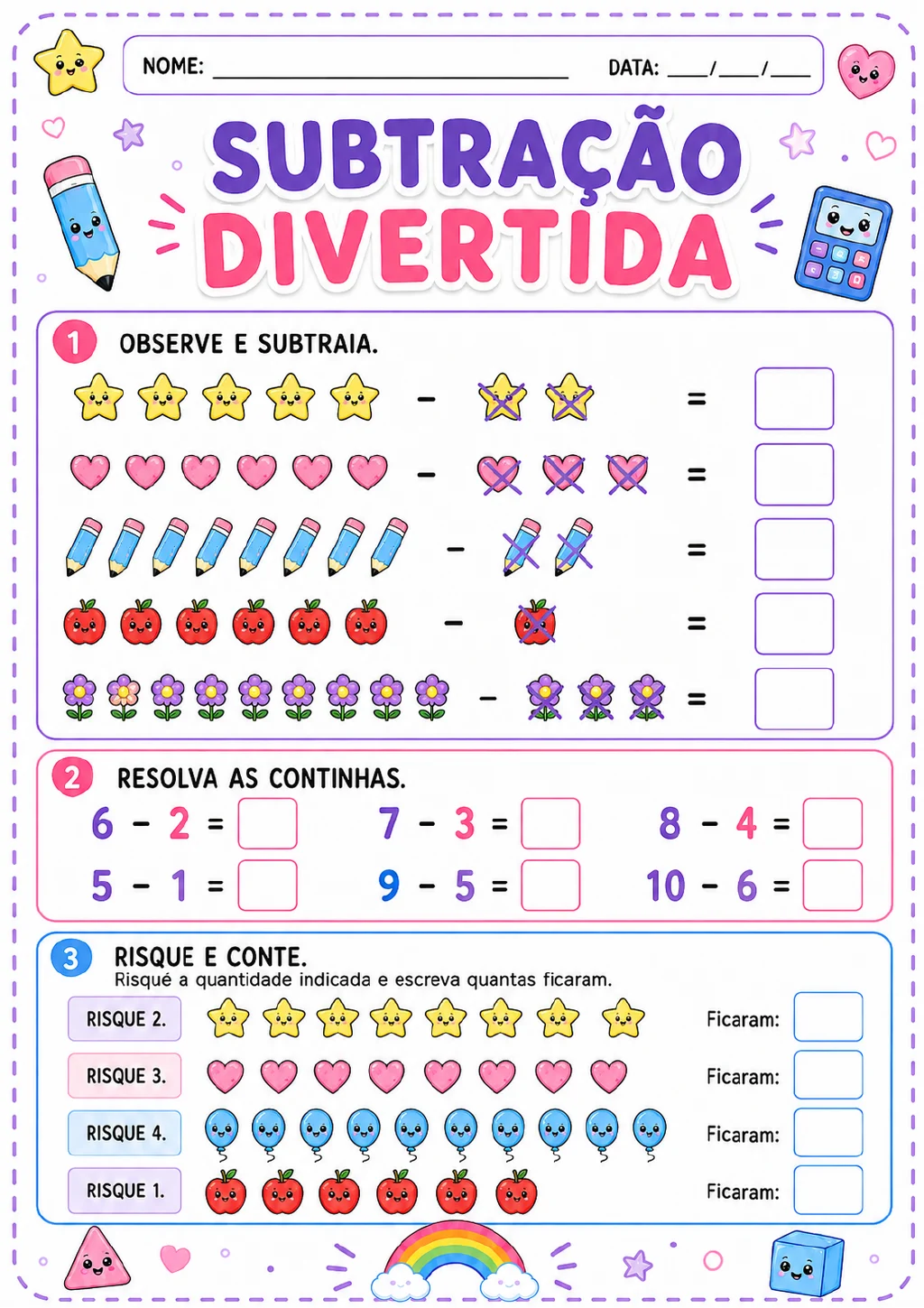 Grupos de estrelas, corações, lápis, maçãs e flores com itens riscados, seis contas de subtração e fileiras para riscar.