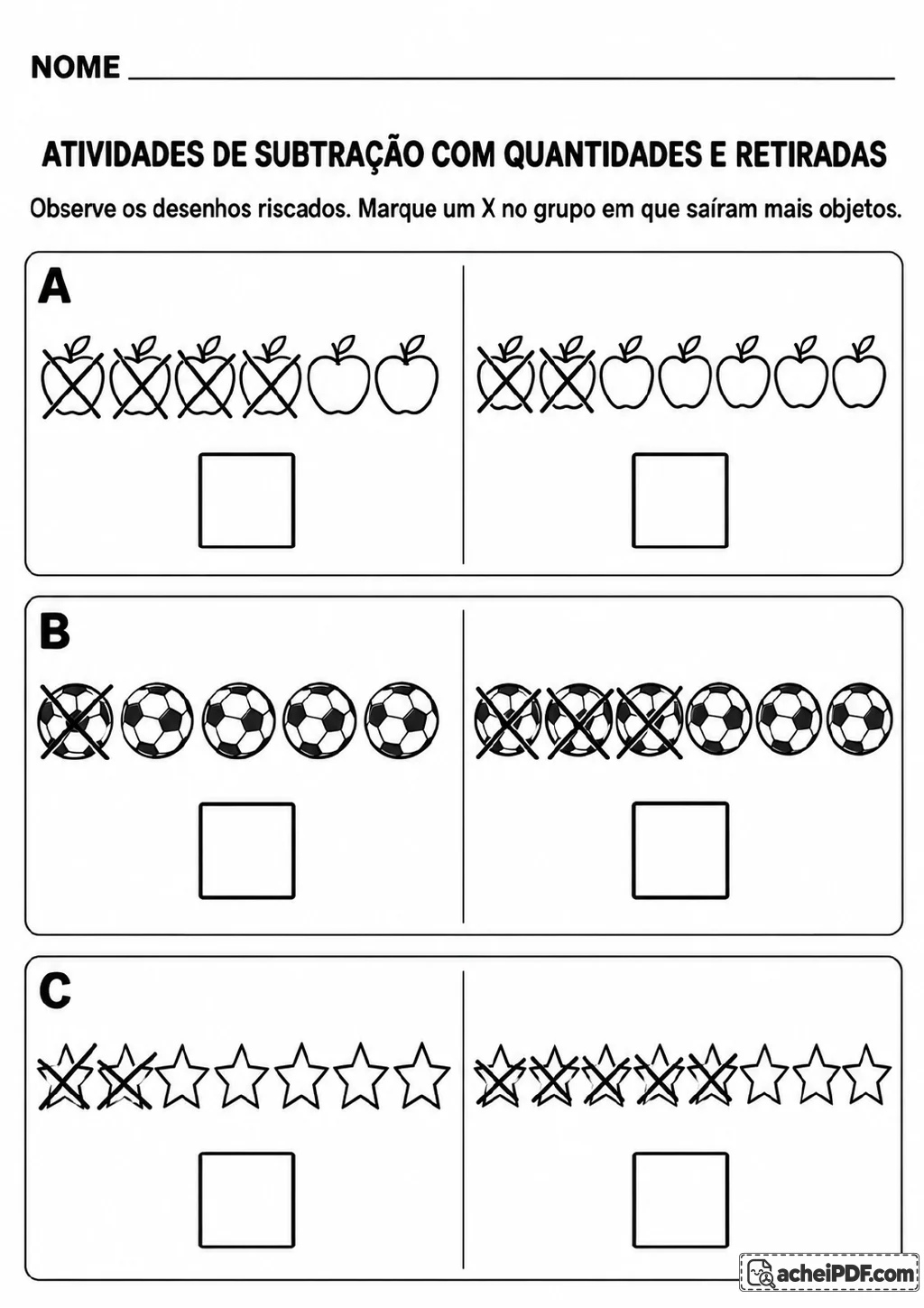 Três pares de grupos com maçãs, bolas de futebol e estrelas mostram objetos marcados com X.