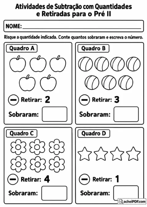 Quatro quadros identificados de A a D mostram grupos de maçãs, bolas, flores e estrelas.