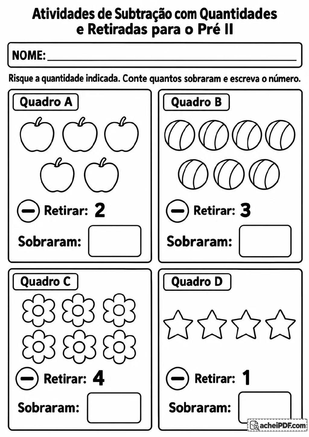 Quatro quadros identificados de A a D mostram grupos de maçãs, bolas, flores e estrelas.