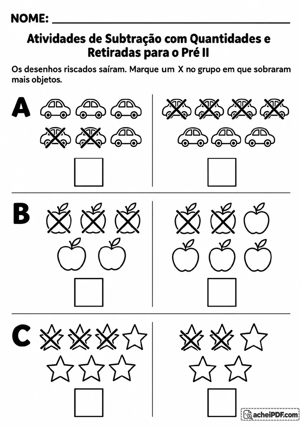 Três comparações, identificadas por A, B e C, mostram grupos de carros, maçãs e estrelas.