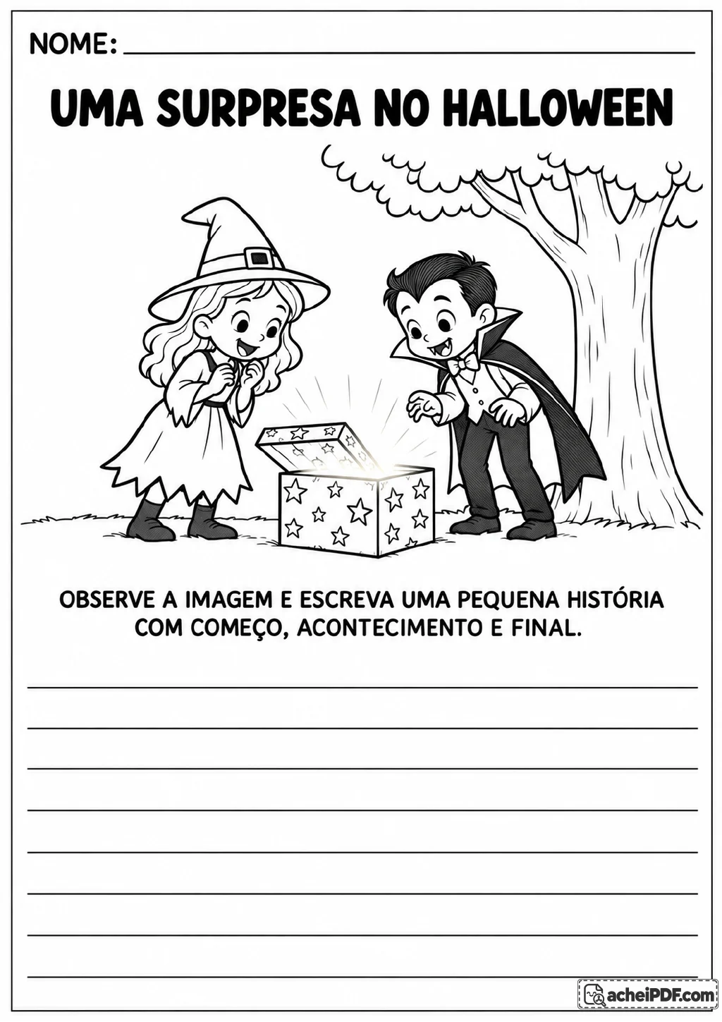 Bruxa e vampiro diante de uma caixa aberta com estrelas, ao lado de uma árvore, com linhas para escrever uma narrativa.