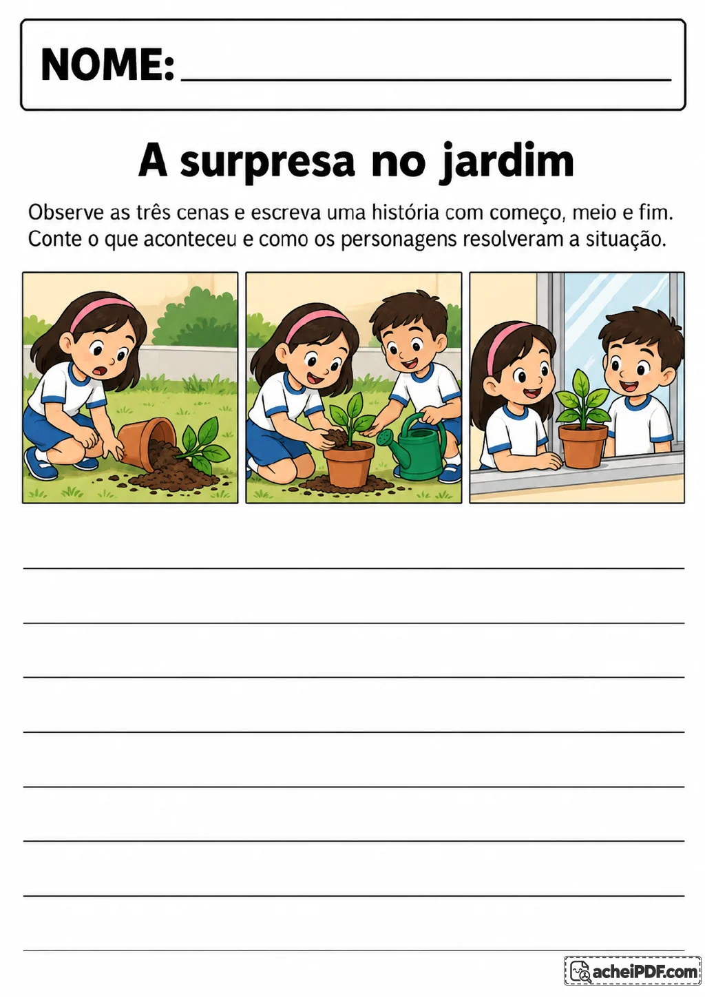 Três ilustrações em sequência mostram vaso tombado, crianças replantando e regando uma muda e uma planta no vaso.