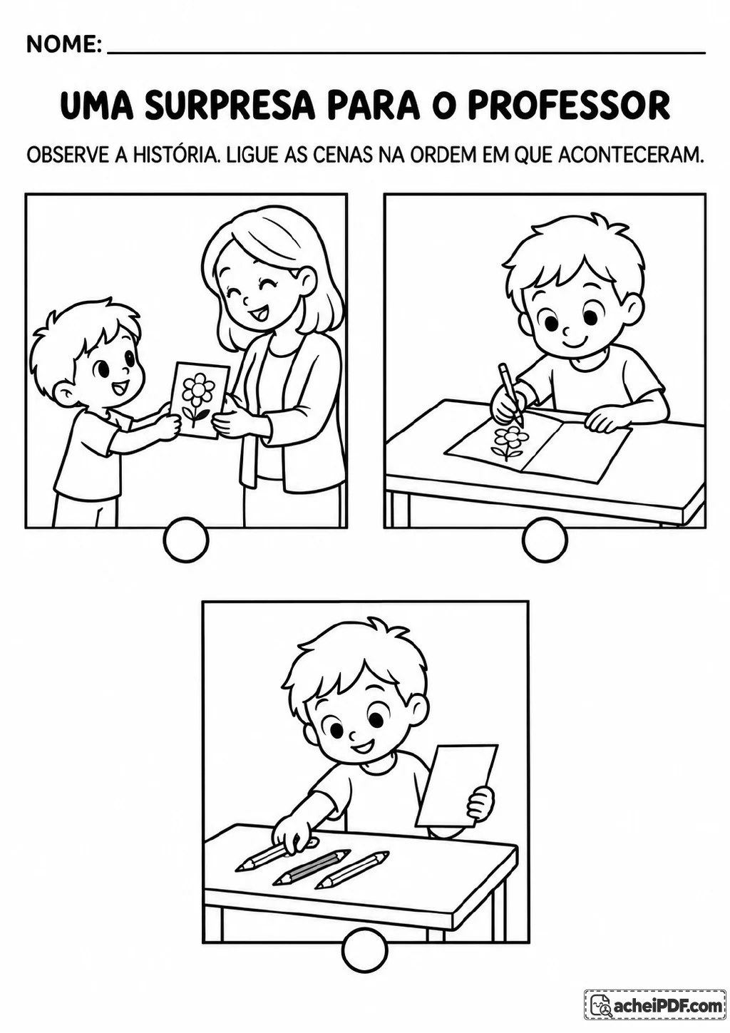 Três cenas mostram um menino pegando lápis e papel, desenhando uma flor e entregando o desenho à professora.