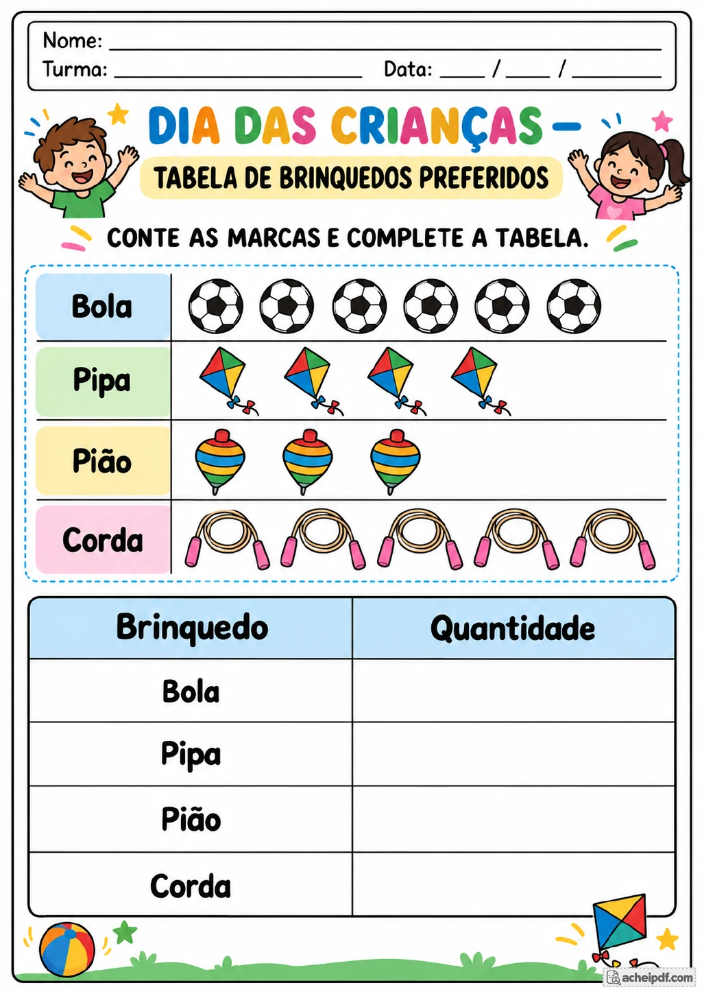 Tabela colorida de brinquedos preferidos com bola, pipa, pião e corda, além de campos para registrar as quantidades.