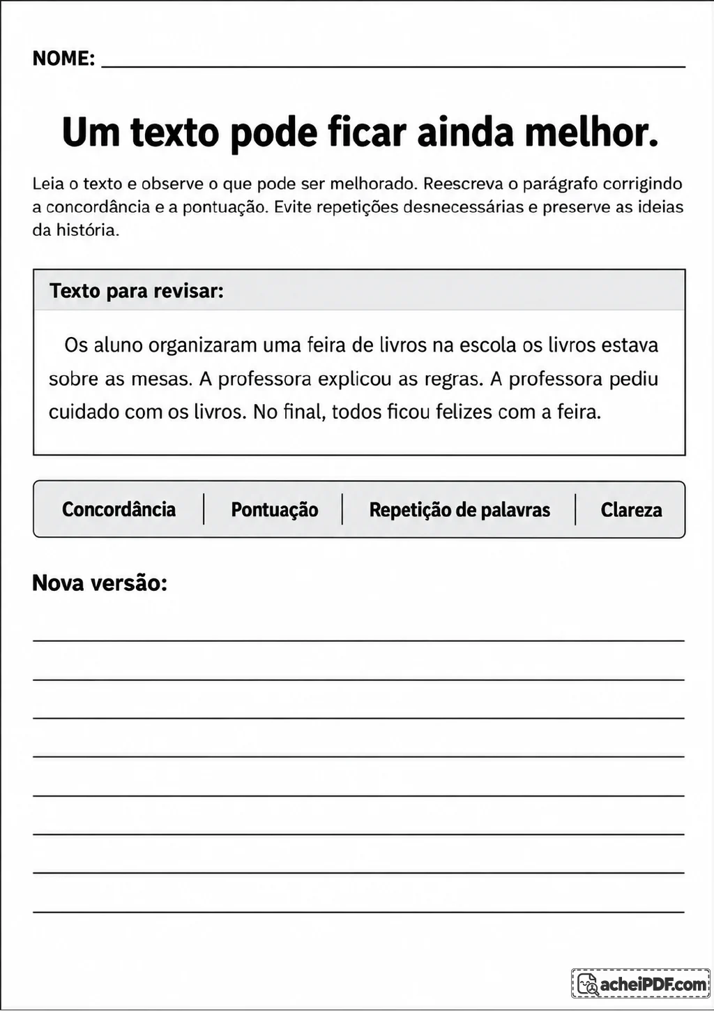Parágrafo sobre feira de livros com critérios de revisão: concordância, pontuação, repetições e clareza.