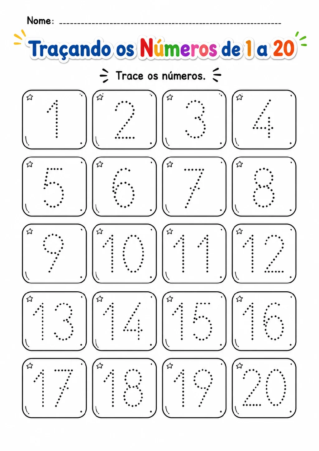 Vinte cartões de bordas arredondadas com os numerais pontilhados de 1 a 20 para traçado.