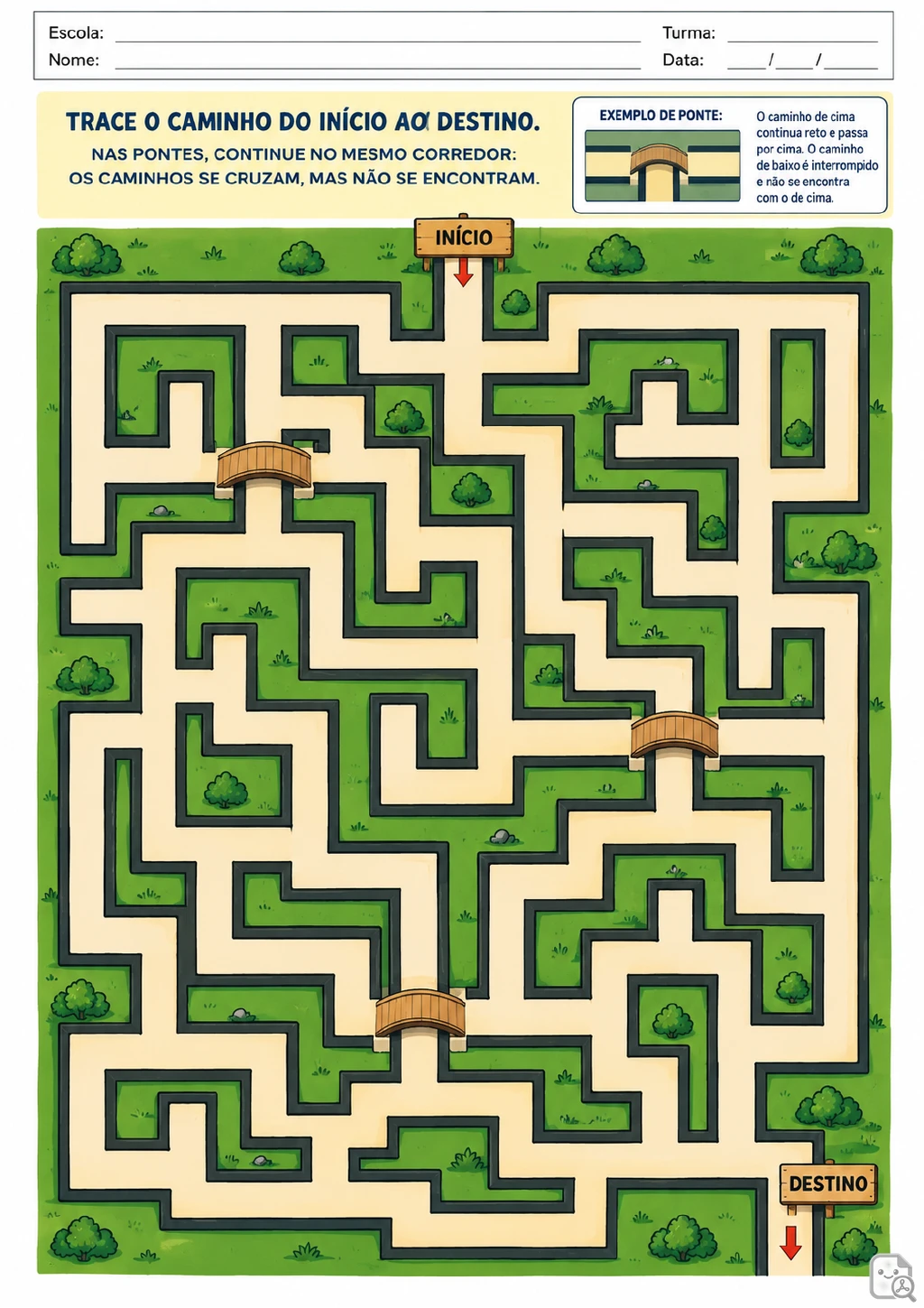 Labirinto colorido com início no topo, destino no canto inferior direito, três pontes e quadro com exemplo de ponte.