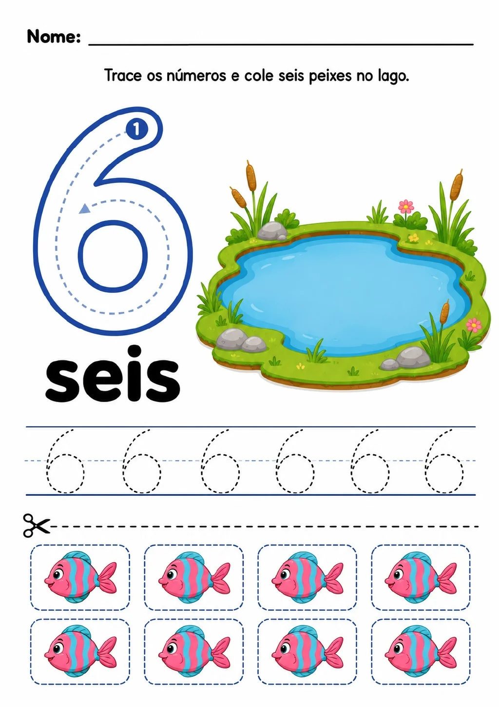 Numeral 6 tracejado com seta, palavra “seis”, linhas de prática, lago com plantas aquáticas.