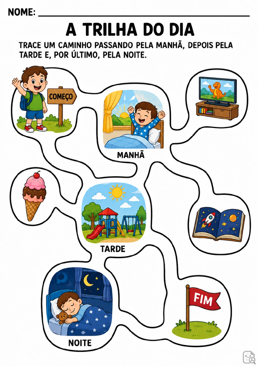 Labirinto com começo, fim e etapas identificadas como manhã, tarde e noite, além de imagens de sorvete, televisão e livro.