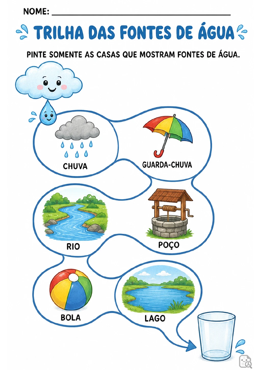Trilha sinuosa com seis casas ilustradas e nomeadas: chuva, guarda-chuva, rio, poço, bola e lago.