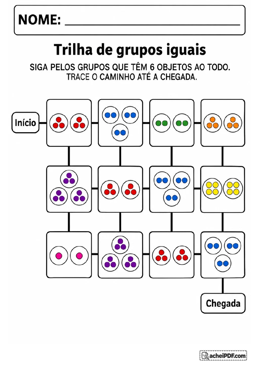 Trilha em grade do Início à Chegada, formada por casas com dois ou três círculos de pontos coloridos.