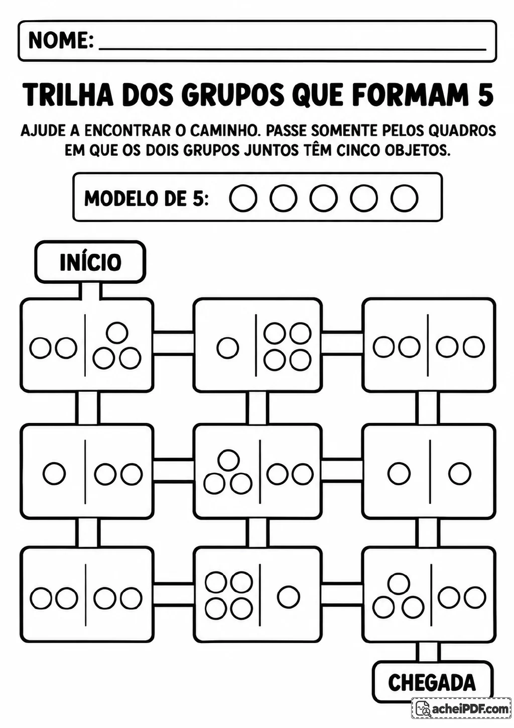Trilha com nove quadros conectados entre “Início” e “Chegada”; cada quadro é dividido em dois grupos de círculos.