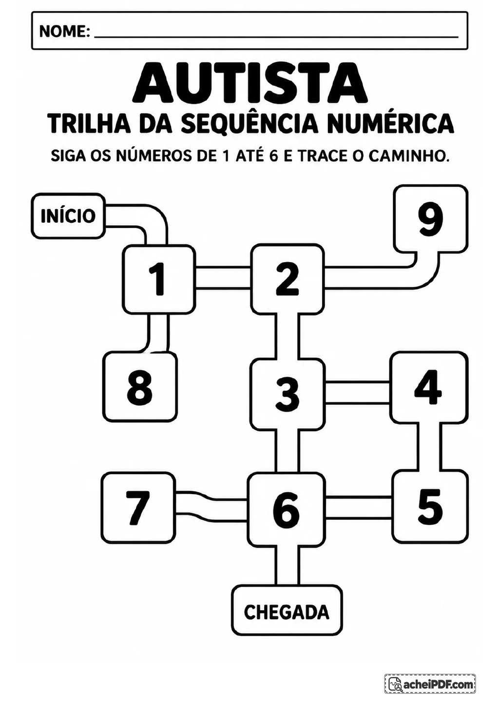Trilha em preto e branco com caminhos conectados, caixas numeradas de 1 a 9, marcadores de INÍCIO e CHEGADA.