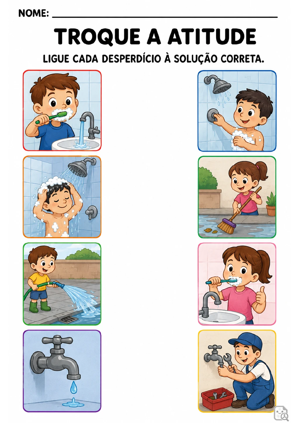 Duas colunas de cartões ilustrados: de um lado, situações de desperdício com torneira, escovação dos dentes, chuveiro.