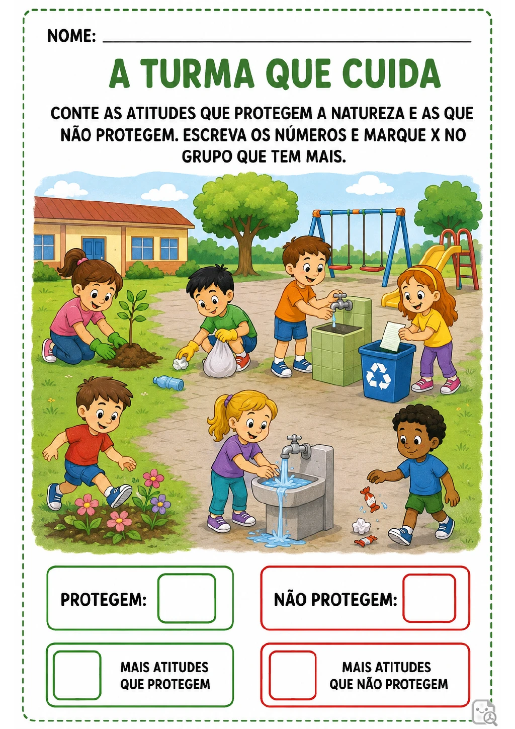 Cena de parque com crianças plantando, recolhendo lixo e reciclando; também há uma torneira desperdiçando água.