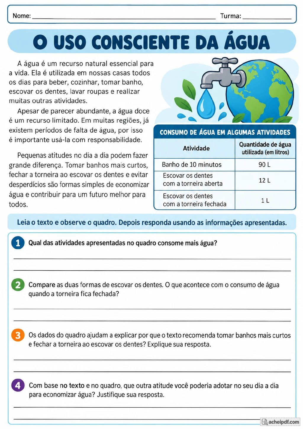 Tabela de consumo de água com dados sobre banho de 10 minutos e escovação dos dentes com a torneira aberta ou fechada.