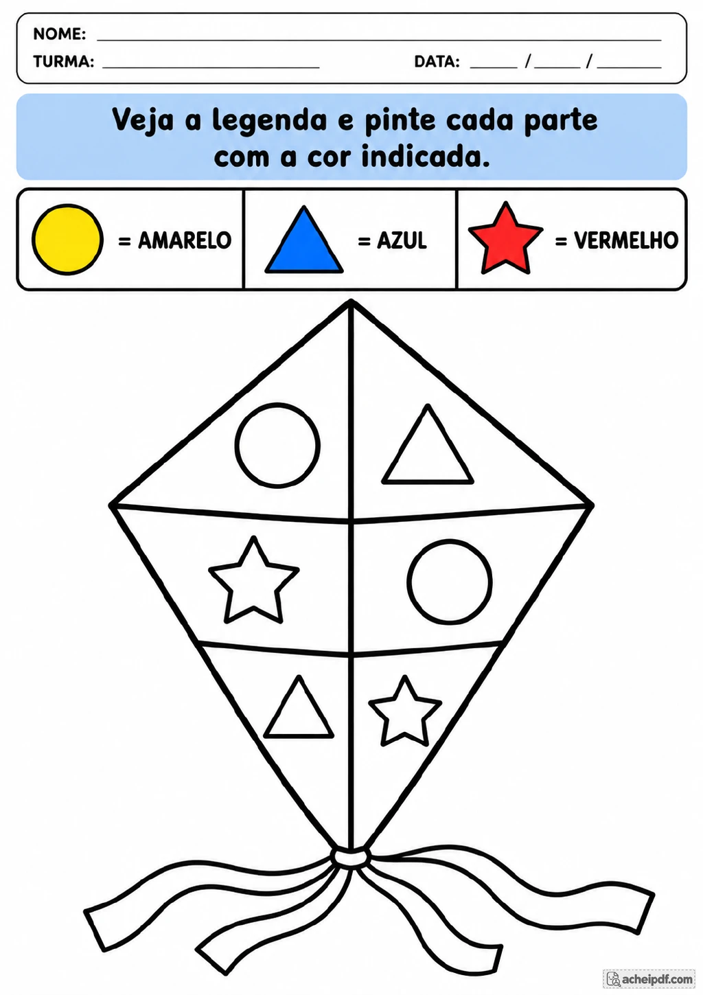 Pipa dividida em seis partes com círculos, triângulos e estrelas, acompanhada de legenda com círculo amarelo.