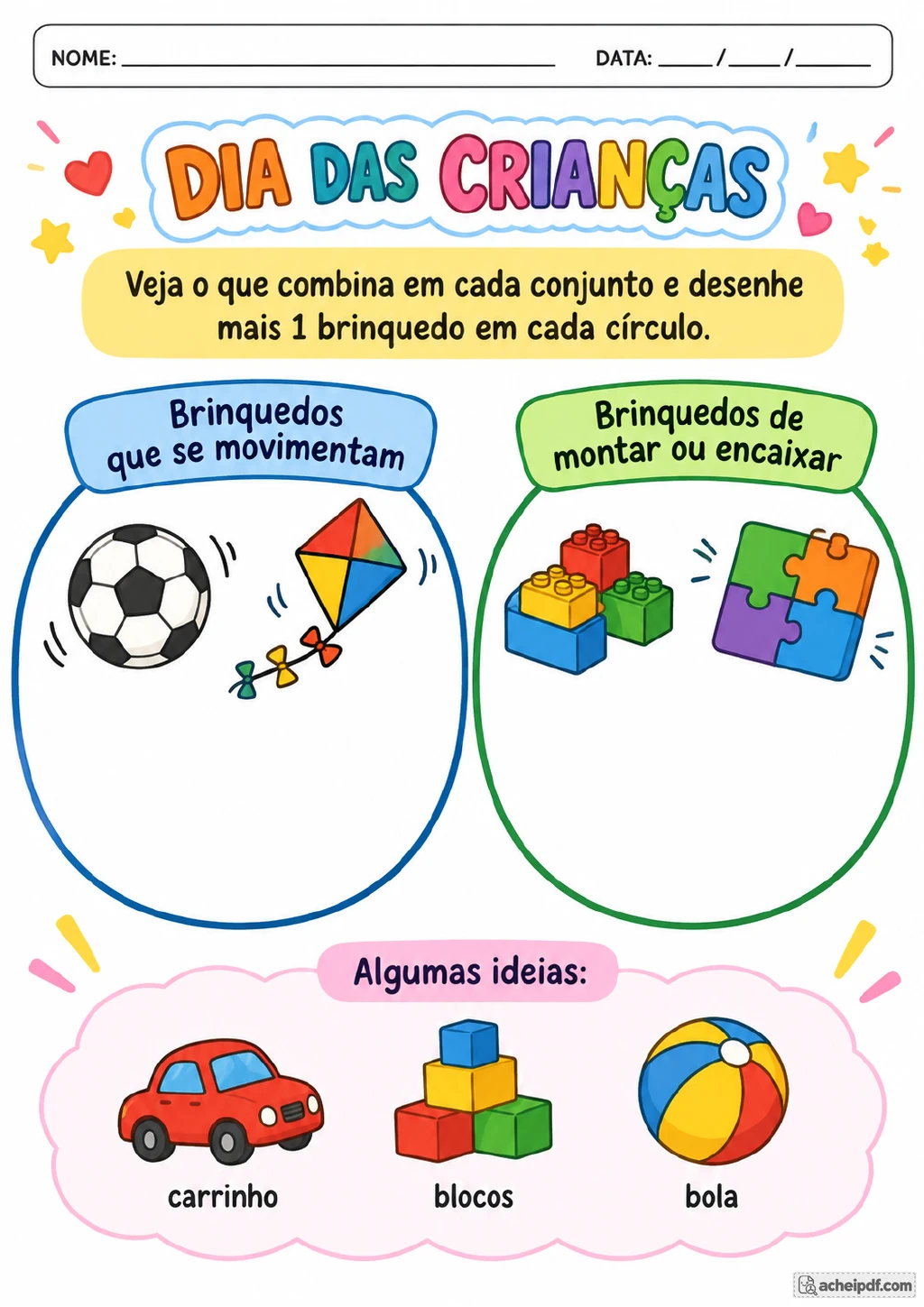 Dois círculos com as categorias brinquedos que se movimentam e brinquedos de montar ou encaixar.