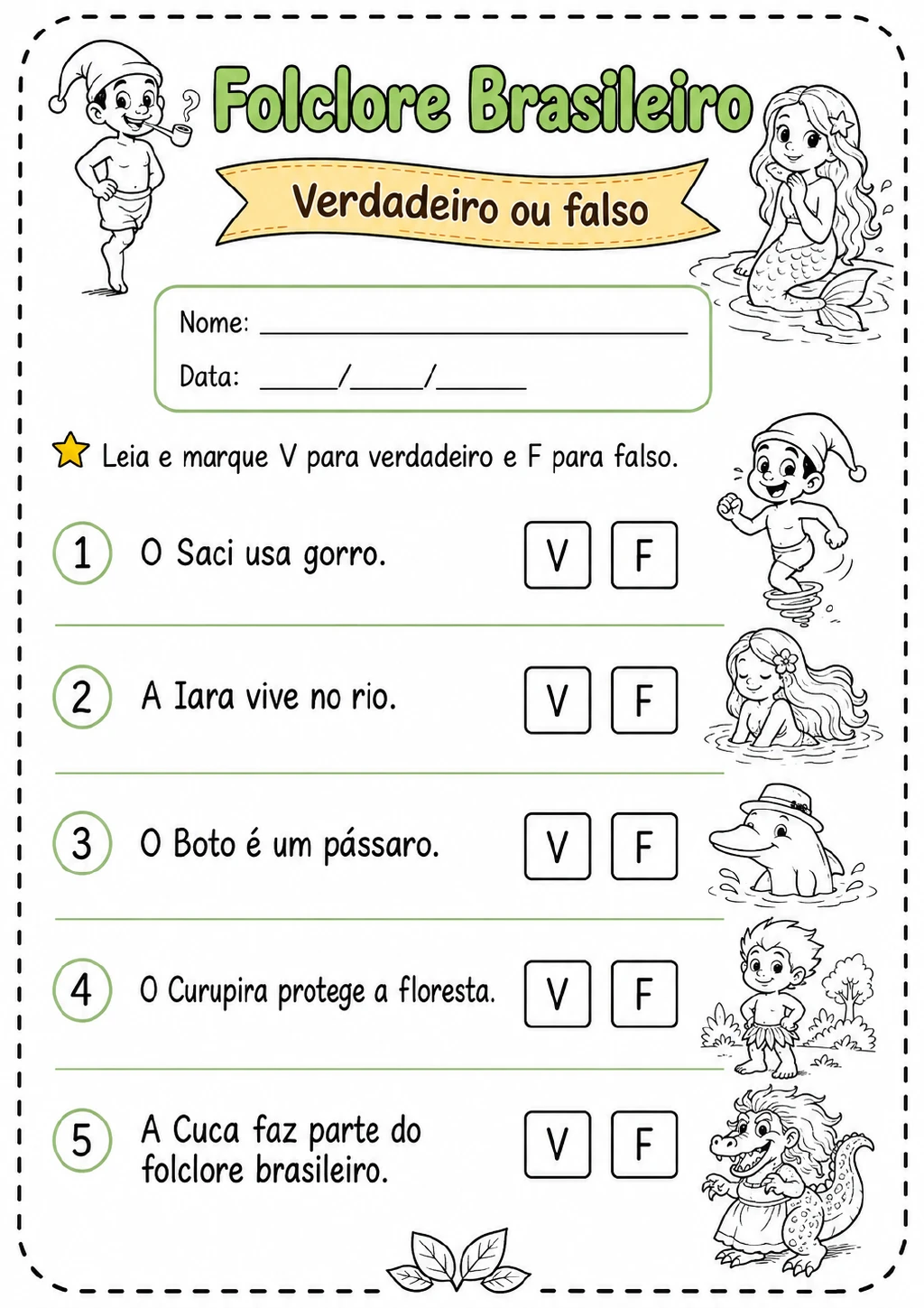 Cinco afirmações numeradas sobre Saci, Iara, Boto, Curupira e Cuca, com opções V e F para marcar em cada linha.