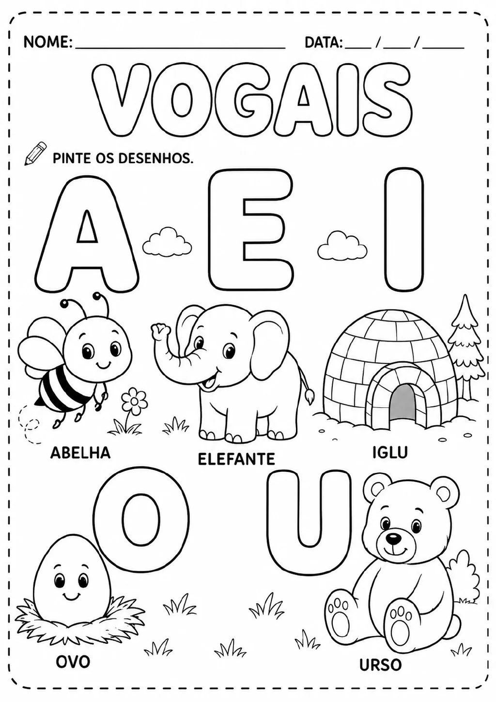Vogais A, E, I, O e U acompanhadas das palavras e dos desenhos de abelha, elefante, iglu, ovo e urso.