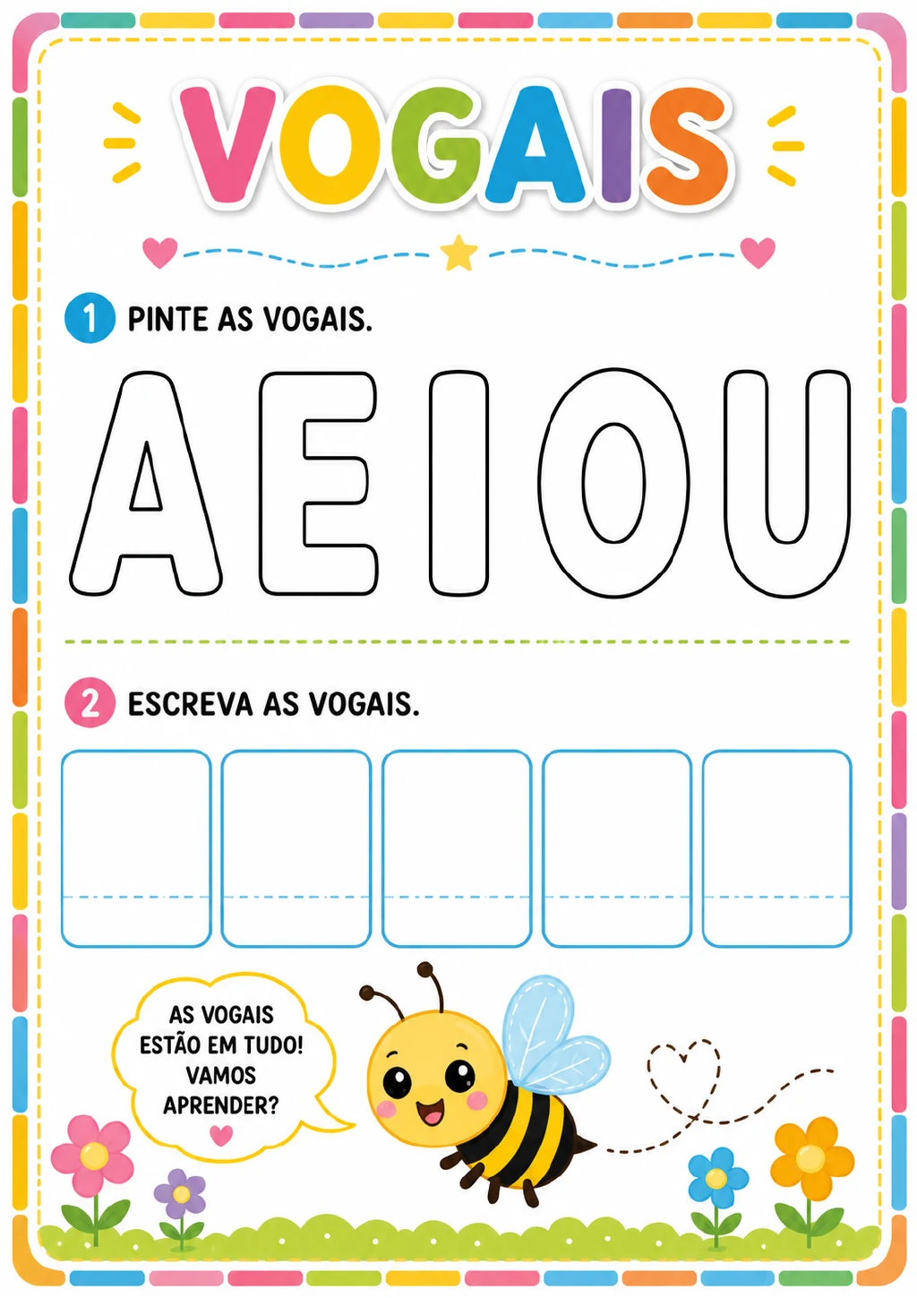 Letras A, E, I, O e U em destaque, com ilustração de abelha e flores, além de cinco quadros pautados para escrita.