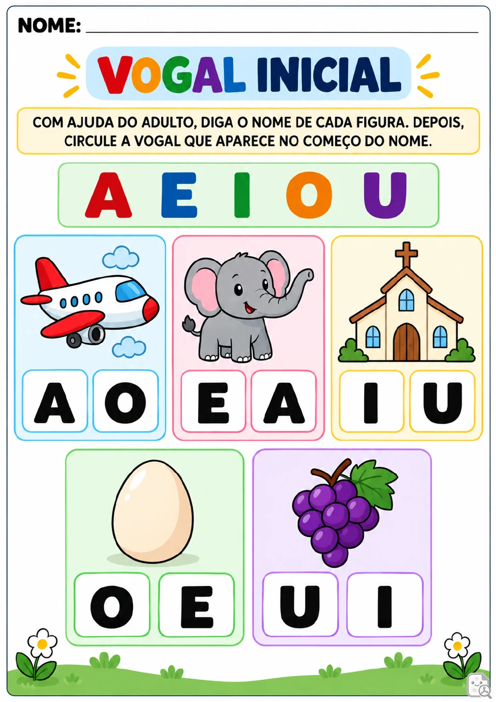 Ilustrações de avião, elefante, igreja, ovo e uva, cada uma acompanhada de duas opções de vogais para circular.