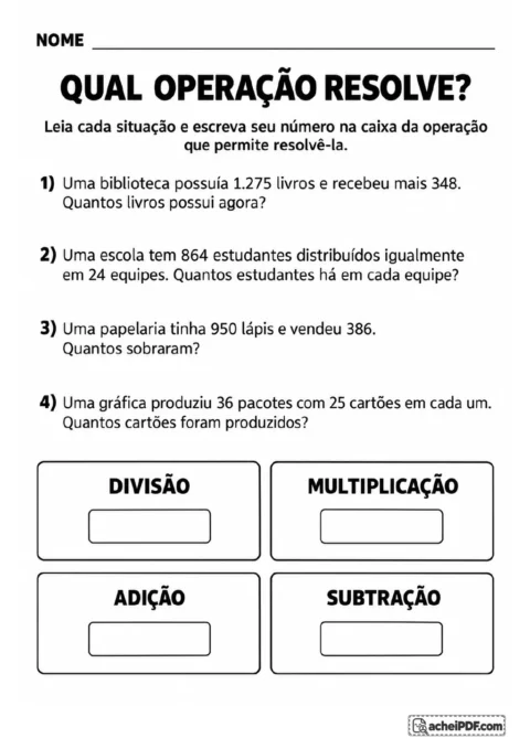 Quatro situações-problema numeradas sobre livros, estudantes, lápis e cartões aparecem ao lado de caixas identificadas como.