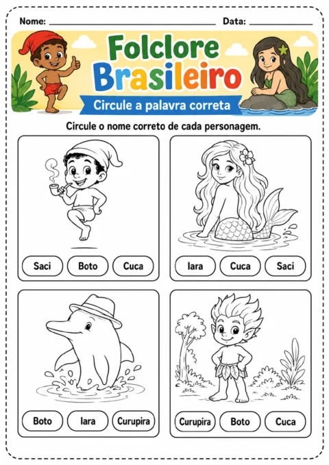 Quatro quadros com ilustrações de Saci, Iara, Boto e Curupira, cada um acompanhado de três opções de nomes para circular.