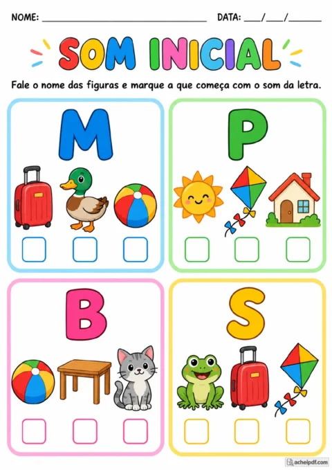 Quatro quadros com as letras M, P, B e S, cada um com três figuras e caixas de marcação abaixo delas.