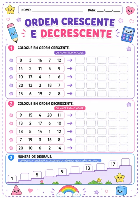 Grupos de números até 20 para ordenar em ordem crescente e decrescente e uma escada numérica com 1, 5, 9, 13 e 17.