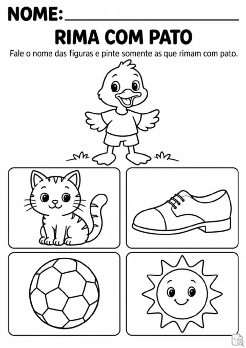Pato no centro da página, cercado por quatro figuras em quadros: gato, sapato, bola e sol.