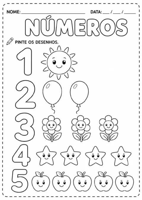Numerais de 1 a 5 associados a um sol, dois balões, três flores, quatro estrelas e cinco maçãs.